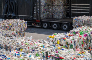 Tas de matériaux plastiques à recycler envoyés vers une installation de recyclage. Bouteilles en PET collectées et triées ainsi que d'autres déchets plastiques envoyés vers une installation de récupération et de recyclage des matériaux. Chargement d'un semi-remorque.